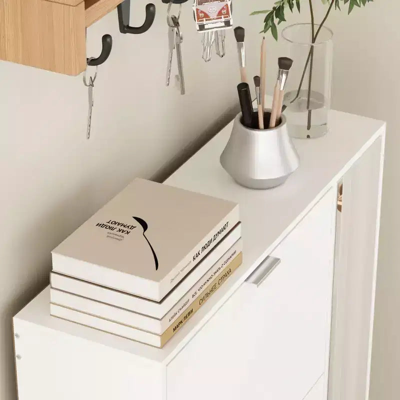 Scarpiera Famapy con Specchio a Figura Intera, Scarpiera a 4 Ante a Ribalta con 4 Ripiani Laterali, Organizer Scarpe Sottile per Ingresso