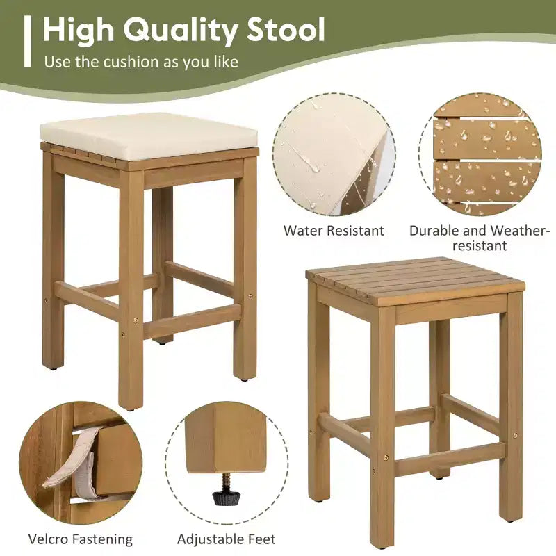 Whisen 5-Piece Outdoor Patio Furniture Set Acacia Wood Bar Set with Bar Height Table, 4 Stools and Cushions