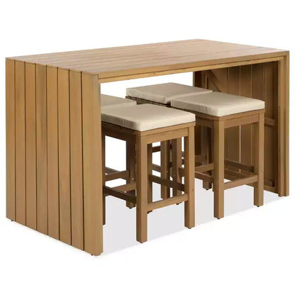 Whisen 5-Piece Outdoor Patio Furniture Set Acacia Wood Bar Set with Bar Height Table, 4 Stools and Cushions