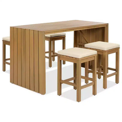 Whisen 5-Piece Outdoor Patio Furniture Set Acacia Wood Bar Set with Bar Height Table, 4 Stools and Cushions