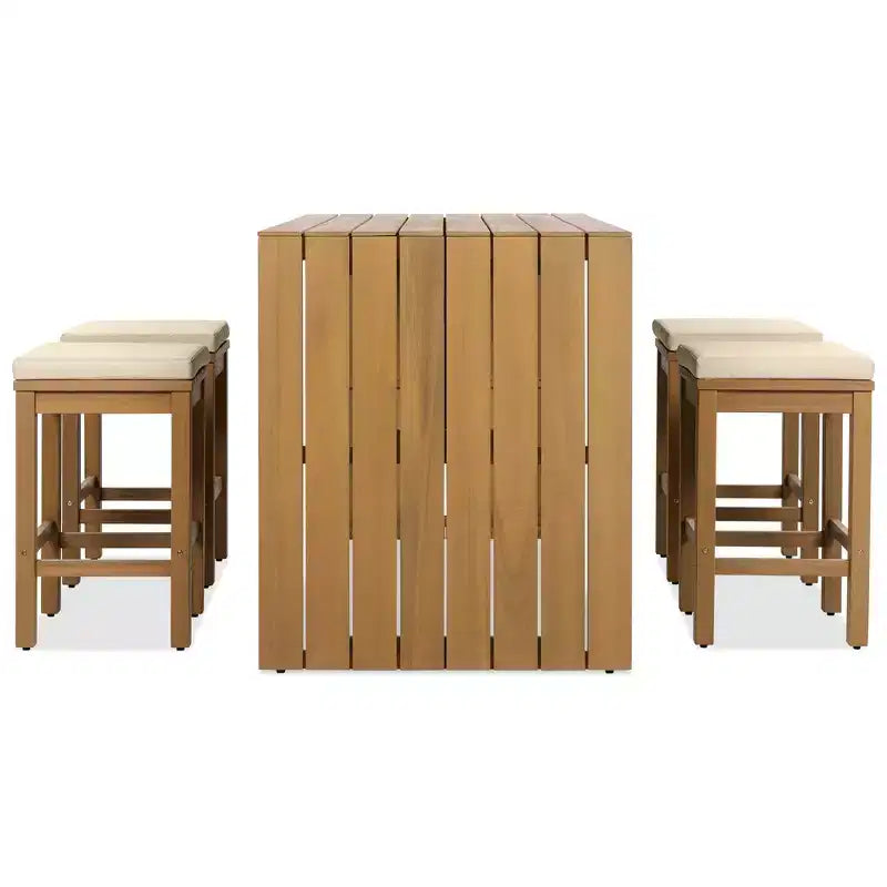 Whisen 5-Piece Outdoor Patio Furniture Set Acacia Wood Bar Set with Bar Height Table, 4 Stools and Cushions