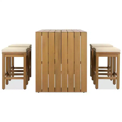 Whisen 5-Piece Outdoor Patio Furniture Set Acacia Wood Bar Set with Bar Height Table, 4 Stools and Cushions