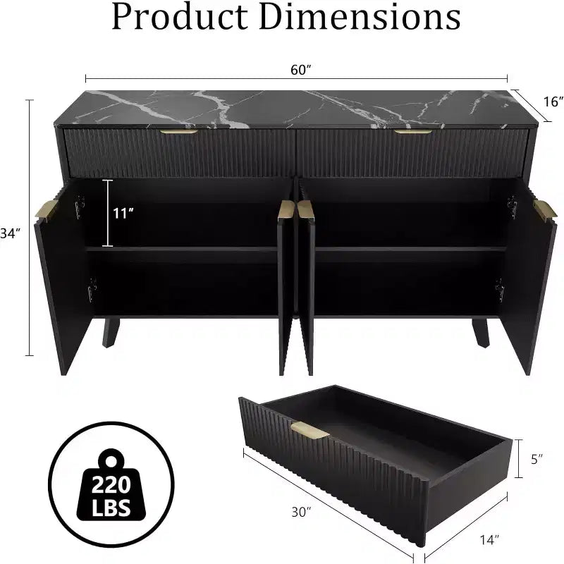 Mobile credenza da 150 cm con 2 cassetti, 4 ante e ripiani regolabili per sala da pranzo, soggiorno