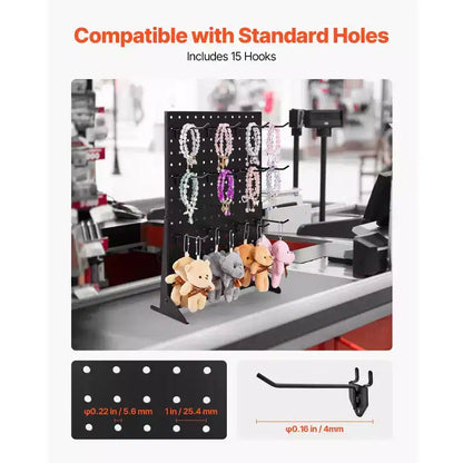 VEVOR Pegboard Display Stand, 17 x 13 Inch Tabletop Pegboard Display Stand with 15 Hooks, Thickened Cold-Rolled Steel Peg Board Panel, Black (1 PCS)