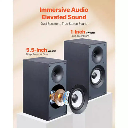 Altoparlanti da Scaffale Amplificati VEVOR, 25W x 2, Monitor da Studio Attivi, Woofer da 5.5, Connessione Bluetooth/RCA/Coassiale/Ottica/USB, Nero