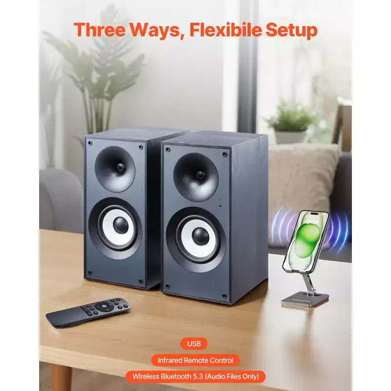 Altoparlanti da Scaffale Amplificati VEVOR, 25W x 2, Monitor da Studio Attivi, Woofer da 5.5, Connessione Bluetooth/RCA/Coassiale/Ottica/USB, Nero