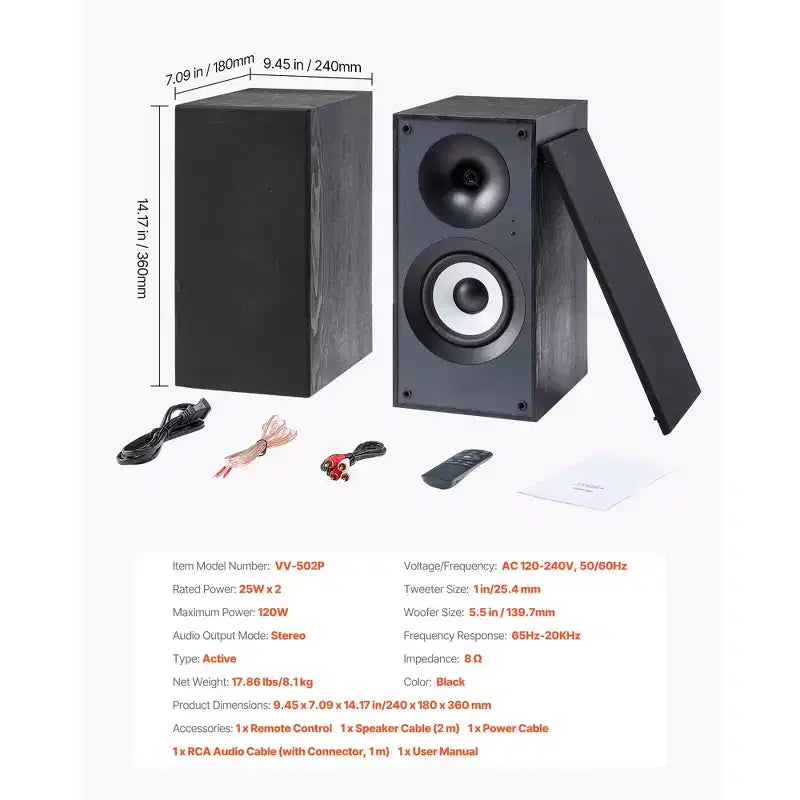 Altoparlanti da Scaffale Amplificati VEVOR, 25W x 2, Monitor da Studio Attivi, Woofer da 5.5, Connessione Bluetooth/RCA/Coassiale/Ottica/USB, Nero
