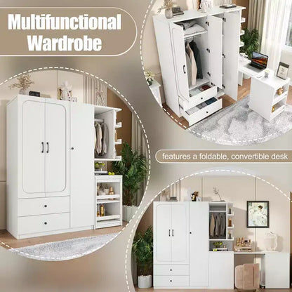 GDFStudio Phyllis Multifunctional Wooden Wardrobe with Convertible Desk