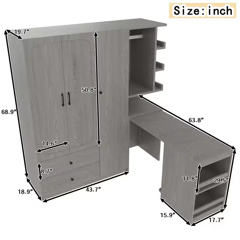 GDFStudio Phyllis Multifunctional Wooden Wardrobe with Convertible Desk