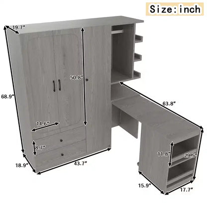 GDFStudio Phyllis Multifunctional Wooden Wardrobe with Convertible Desk