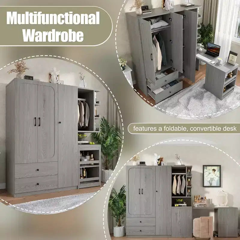 GDFStudio Phyllis Multifunctional Wooden Wardrobe with Convertible Desk