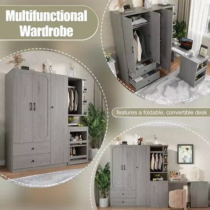 GDFStudio Phyllis Multifunctional Wooden Wardrobe with Convertible Desk