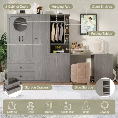 GDFStudio Phyllis Multifunctional Wooden Wardrobe with Convertible Desk