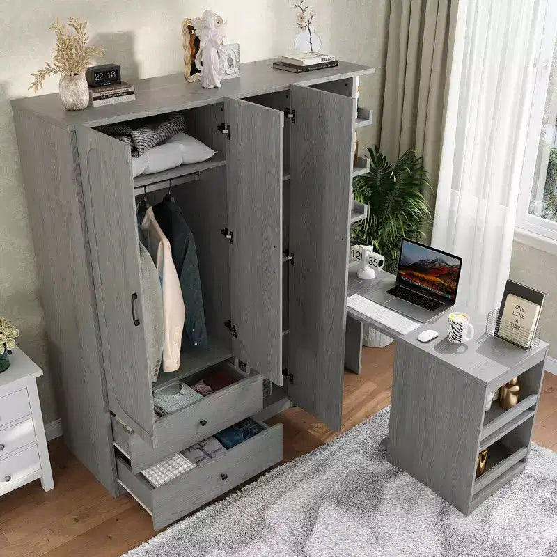 GDFStudio Phyllis Multifunctional Wooden Wardrobe with Convertible Desk