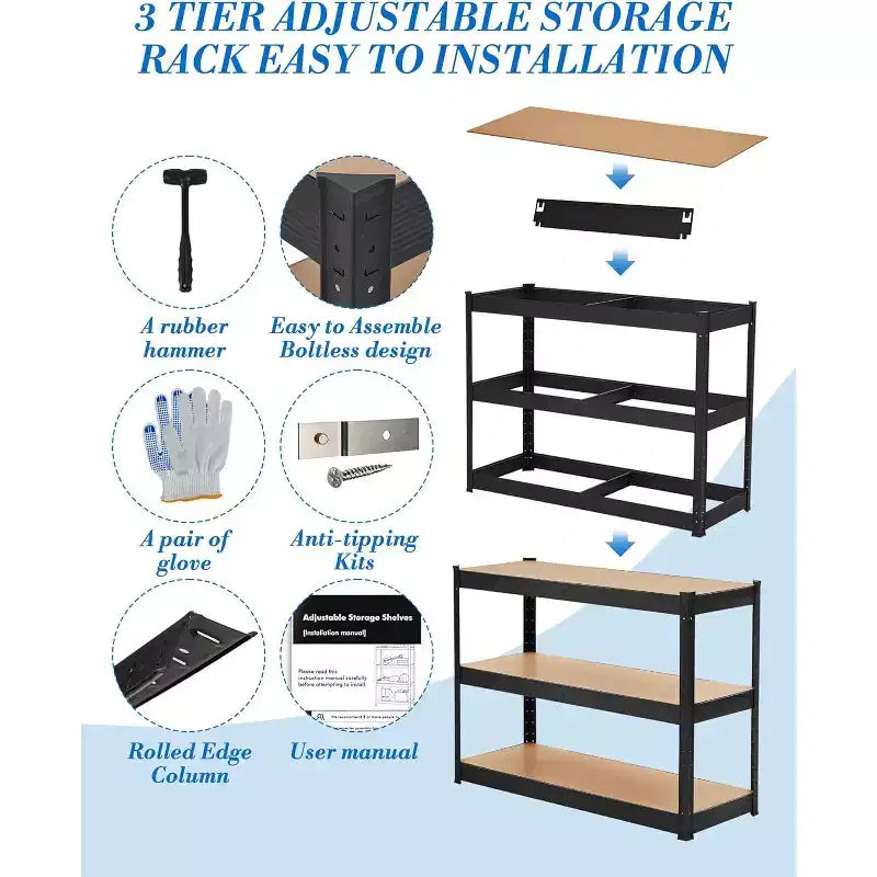 3-Tier Heavy Duty Metal Shelving Unit, Adjustable Garage Storage Rack 2000 lbs Capacity for Garage Warehouse Basement