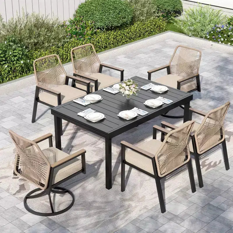Captiva Designs tavolo da pranzo espandibile in acciaio 7 pezzi e sedie girevoli in vimini con cuscini spessi
