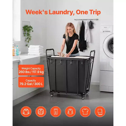 VEVOR Laundry Cart, Rolling Grocery Utility Cart with Waterproof Liner & Swivel Wheels, 260 LBS Large Load Capacity, Heavy Duty Shopping Basket,Black