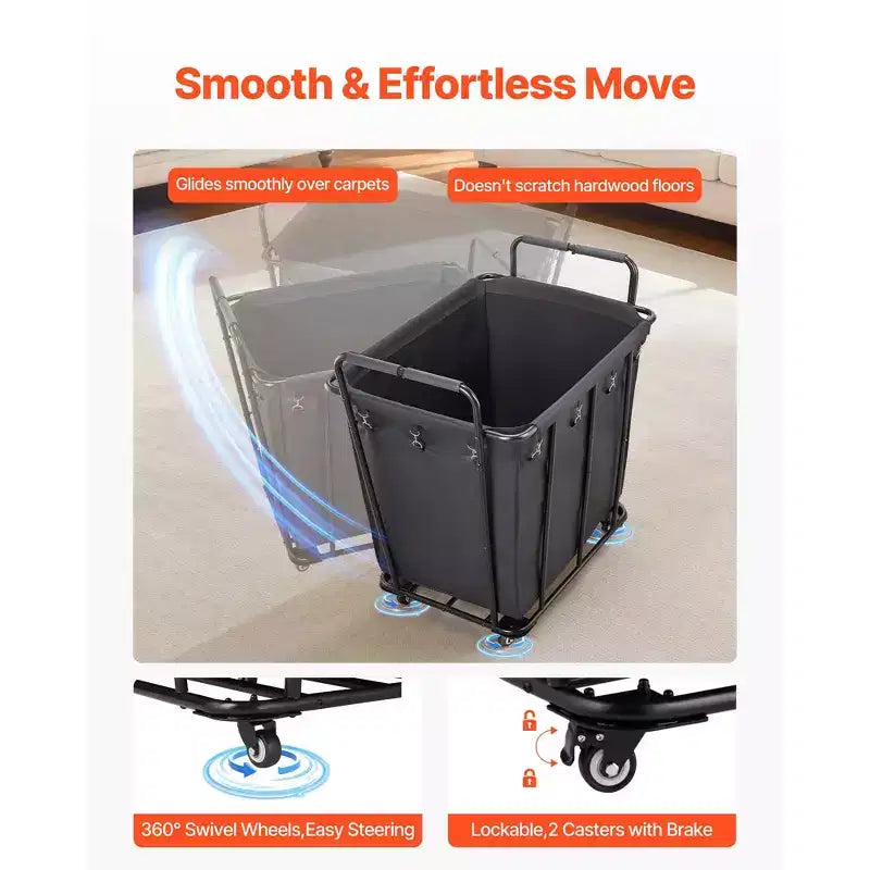 VEVOR Laundry Cart, Rolling Grocery Utility Cart with Waterproof Liner & Swivel Wheels, 260 LBS Large Load Capacity, Heavy Duty Shopping Basket,Black