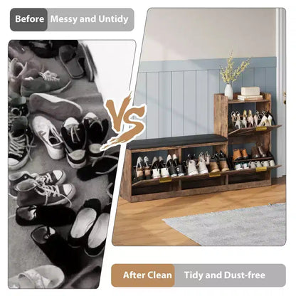 Shoe cabinet with bench, 4 flip-up drawers and open top shelf, wooden storage bench, suitable for entryway or living room, brown.