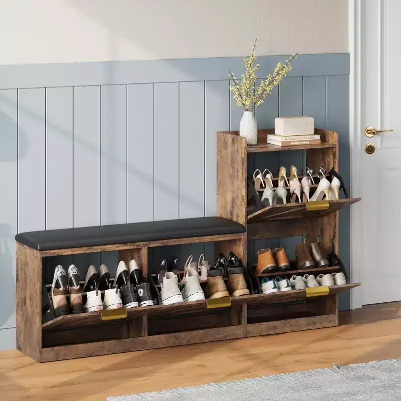 Shoe cabinet with bench, 4 flip-up drawers and open top shelf, wooden storage bench, suitable for entryway or living room, brown.