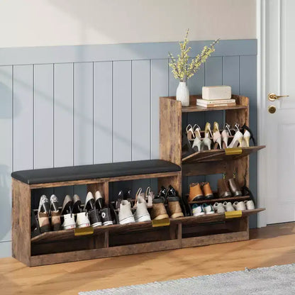 Shoe cabinet with bench, 4 flip-up drawers and open top shelf, wooden storage bench, suitable for entryway or living room, brown.