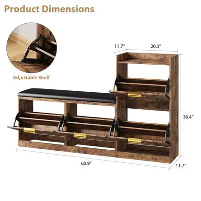 Shoe cabinet with bench, 4 flip-up drawers and open top shelf, wooden storage bench, suitable for entryway or living room, brown.
