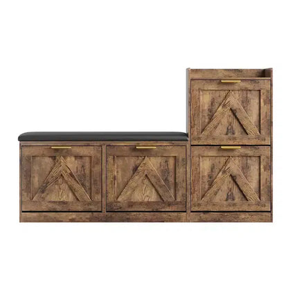 Shoe cabinet with bench, 4 flip-up drawers and open top shelf, wooden storage bench, suitable for entryway or living room, brown.