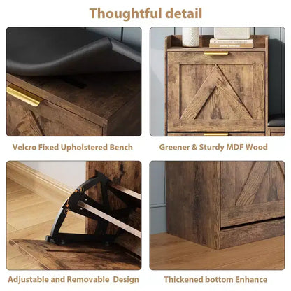 Shoe cabinet with bench, 4 flip-up drawers and open top shelf, wooden storage bench, suitable for entryway or living room, brown.