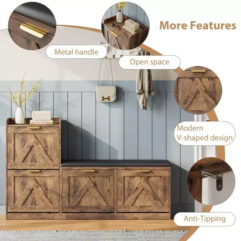 Shoe cabinet with bench, 4 flip-up drawers and open top shelf, wooden storage bench, suitable for entryway or living room, brown.