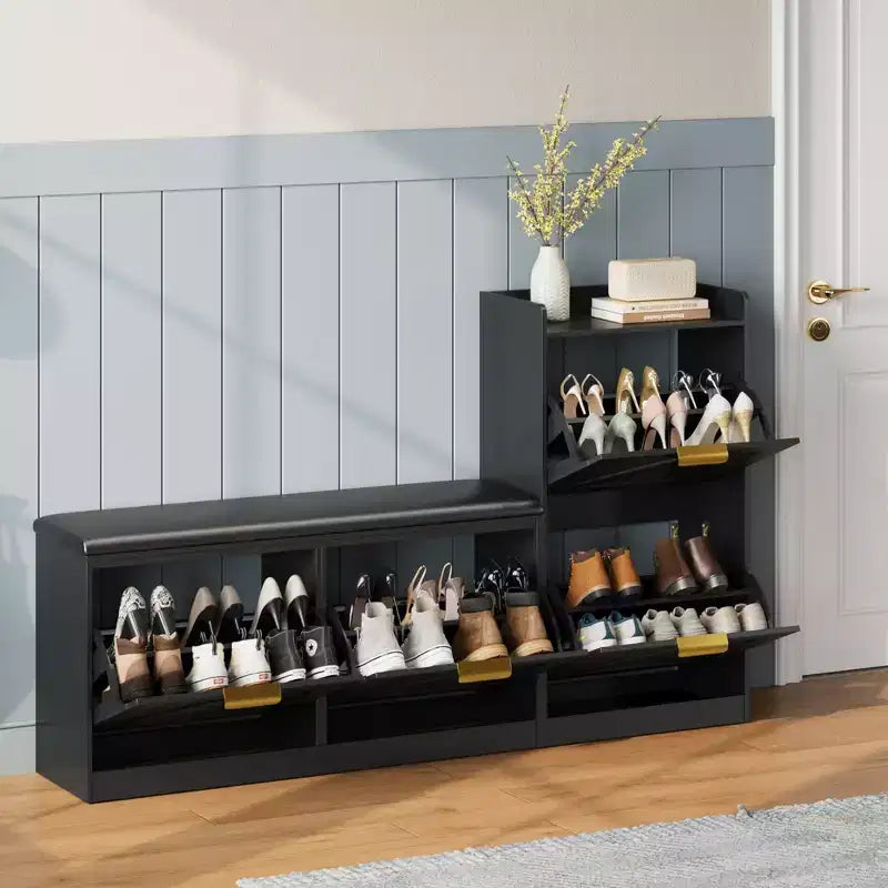 Shoe cabinet with bench, 4 flip-up drawers and open top shelf, wooden storage bench, suitable for entryway or living room, brown.