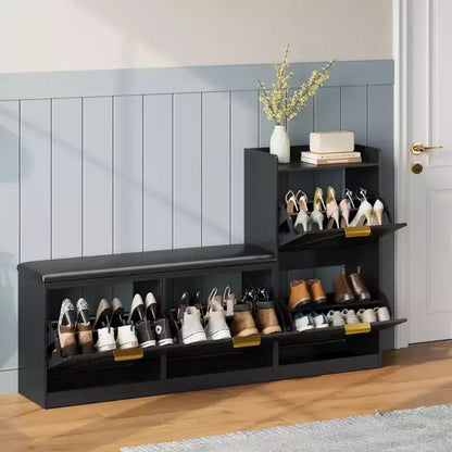 Shoe cabinet with bench, 4 flip-up drawers and open top shelf, wooden storage bench, suitable for entryway or living room, brown.