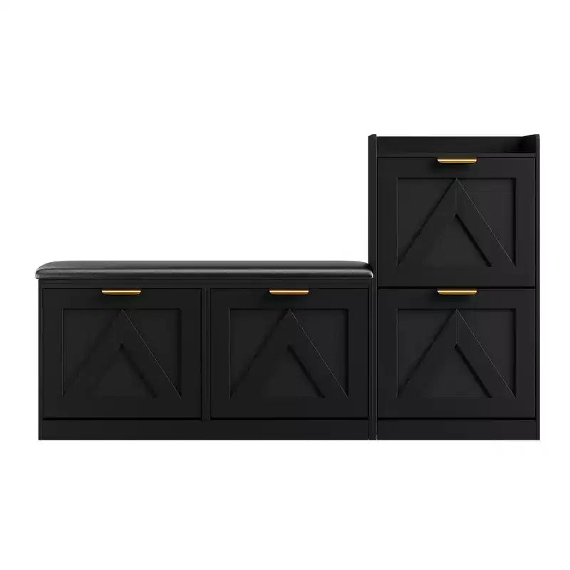Shoe cabinet with bench, 4 flip-up drawers and open top shelf, wooden storage bench, suitable for entryway or living room, brown.