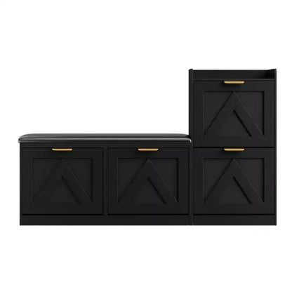 Shoe cabinet with bench, 4 flip-up drawers and open top shelf, wooden storage bench, suitable for entryway or living room, brown.