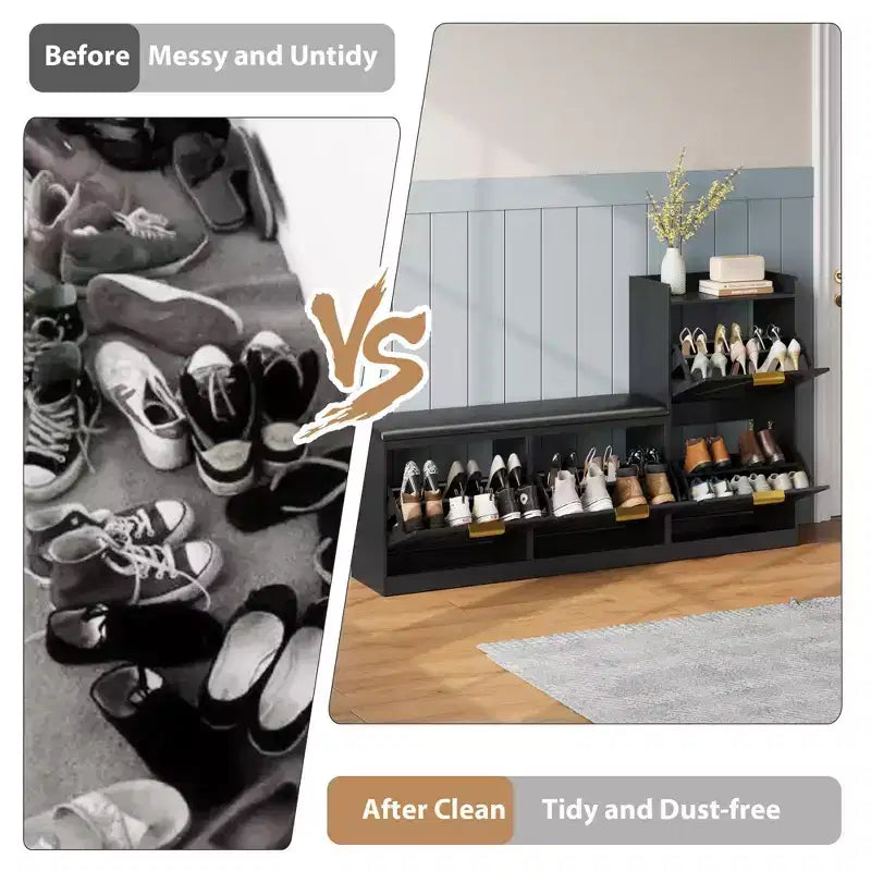 Shoe cabinet with bench, 4 flip-up drawers and open top shelf, wooden storage bench, suitable for entryway or living room, brown.