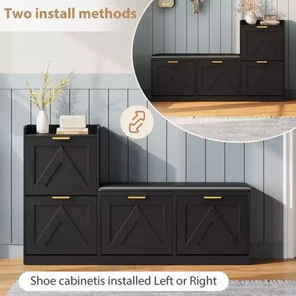 Shoe cabinet with bench, 4 flip-up drawers and open top shelf, wooden storage bench, suitable for entryway or living room, brown.