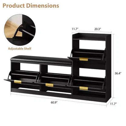 Shoe cabinet with bench, 4 flip-up drawers and open top shelf, wooden storage bench, suitable for entryway or living room, brown.