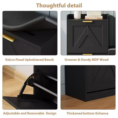 Shoe cabinet with bench, 4 flip-up drawers and open top shelf, wooden storage bench, suitable for entryway or living room, brown.