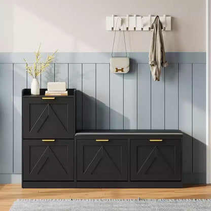 Shoe cabinet with bench, 4 flip-up drawers and open top shelf, wooden storage bench, suitable for entryway or living room, brown.