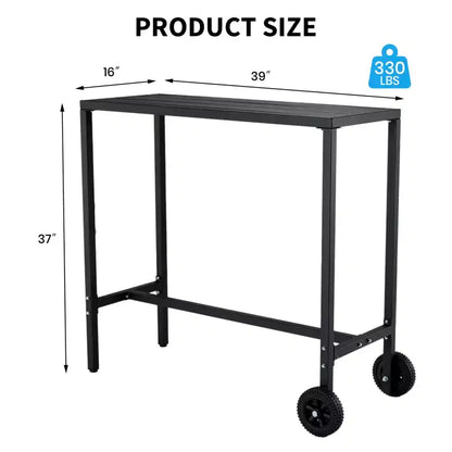 Tavolo da Bar Mobile da Esterno con Ruote, Piano in Metallo a Doghe Impermeabile, Tavolo da Altezza Bancone per Patio, Bordo Piscina, Giardino e Cucina