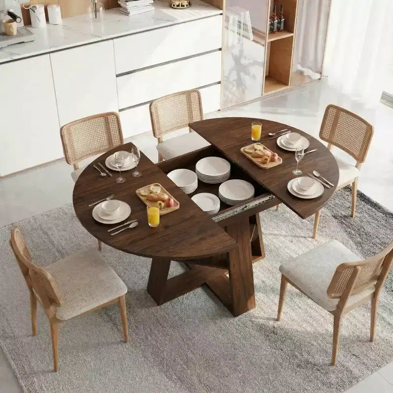 Extendable Round Dining Table for 4-8 People with Storage Shelf