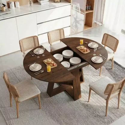 Extendable Round Dining Table for 4-8 People with Storage Shelf