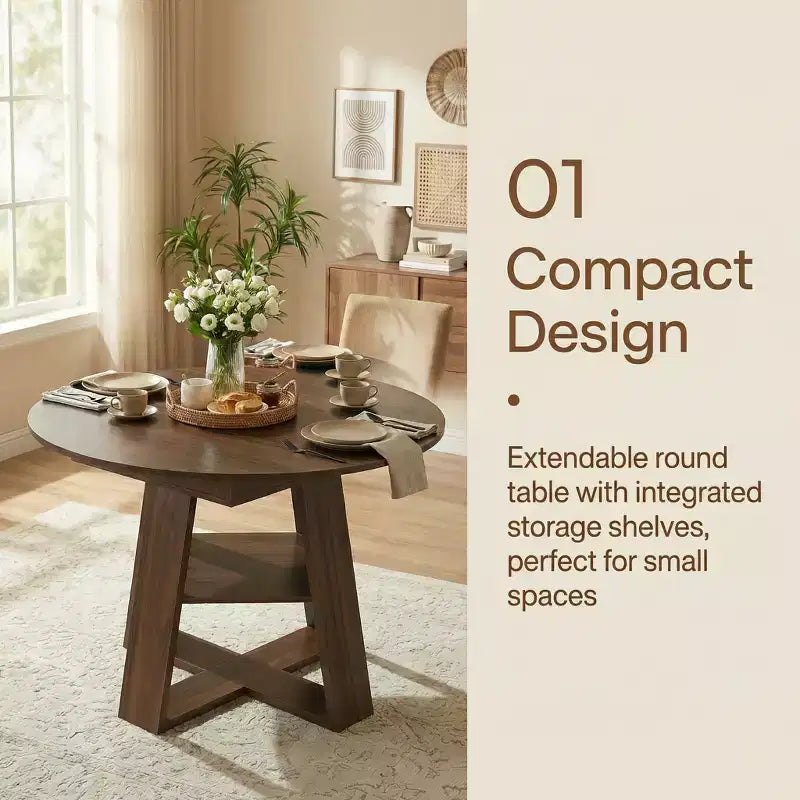 Extendable Round Dining Table for 4-8 People with Storage Shelf