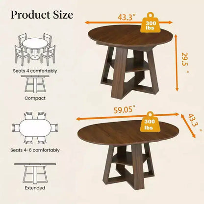 Extendable Round Dining Table for 4-8 People with Storage Shelf