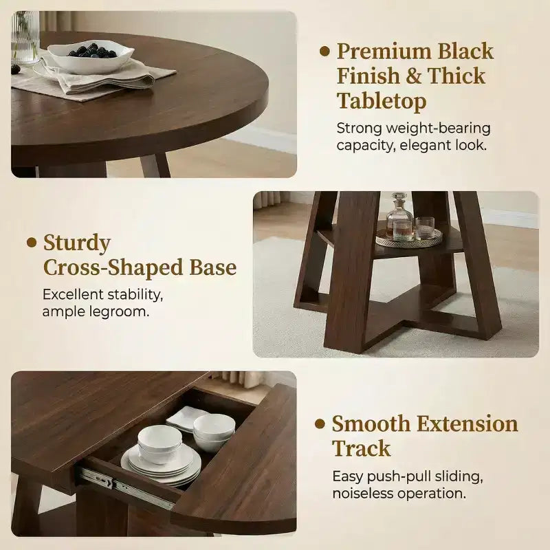 Extendable Round Dining Table for 4-8 People with Storage Shelf