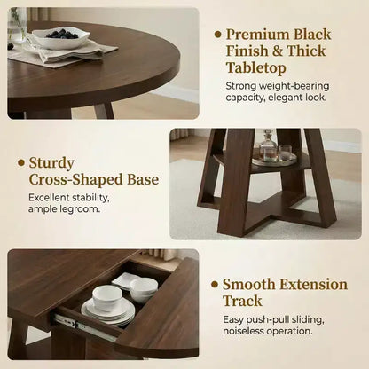 Extendable Round Dining Table for 4-8 People with Storage Shelf