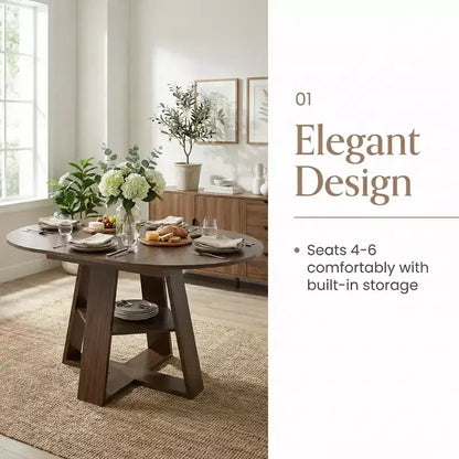 Extendable Round Dining Table for 4-8 People with Storage Shelf