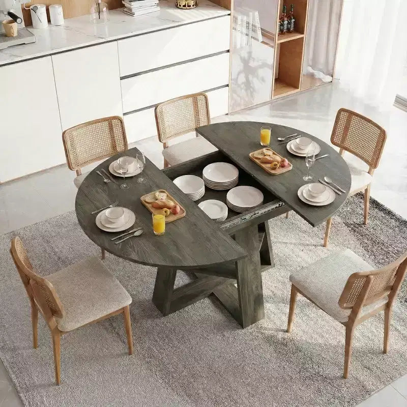 Extendable Round Dining Table for 4-8 People with Storage Shelf