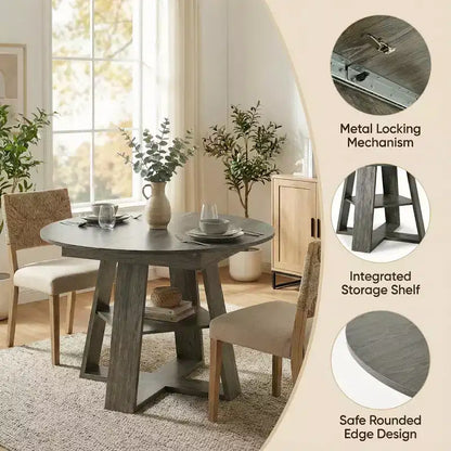 Extendable Round Dining Table for 4-8 People with Storage Shelf