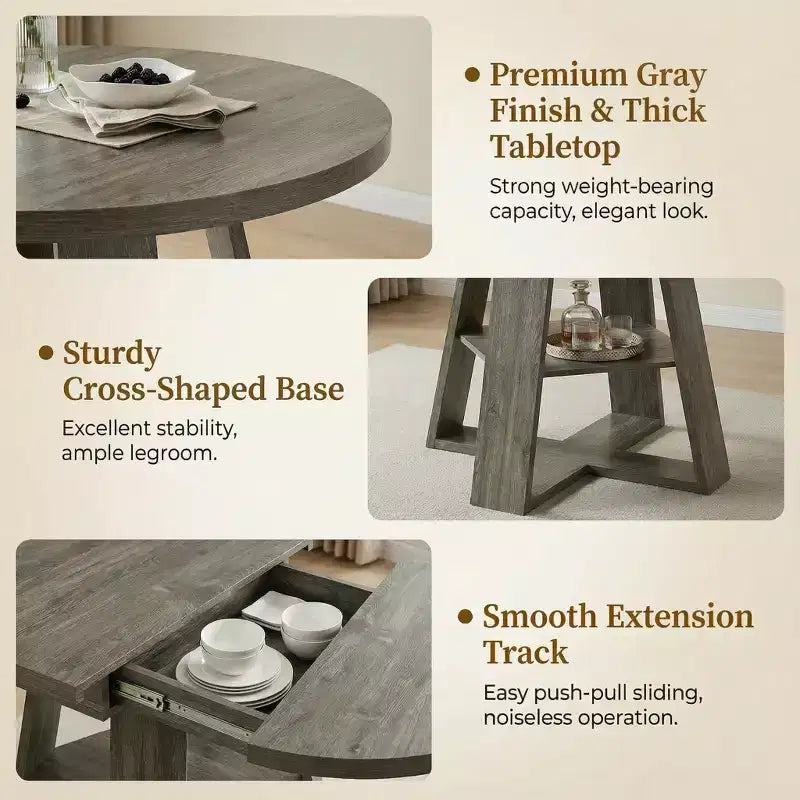 Extendable Round Dining Table for 4-8 People with Storage Shelf