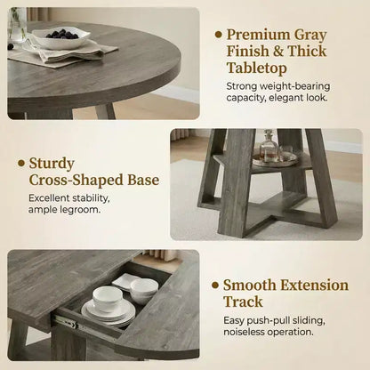 Extendable Round Dining Table for 4-8 People with Storage Shelf